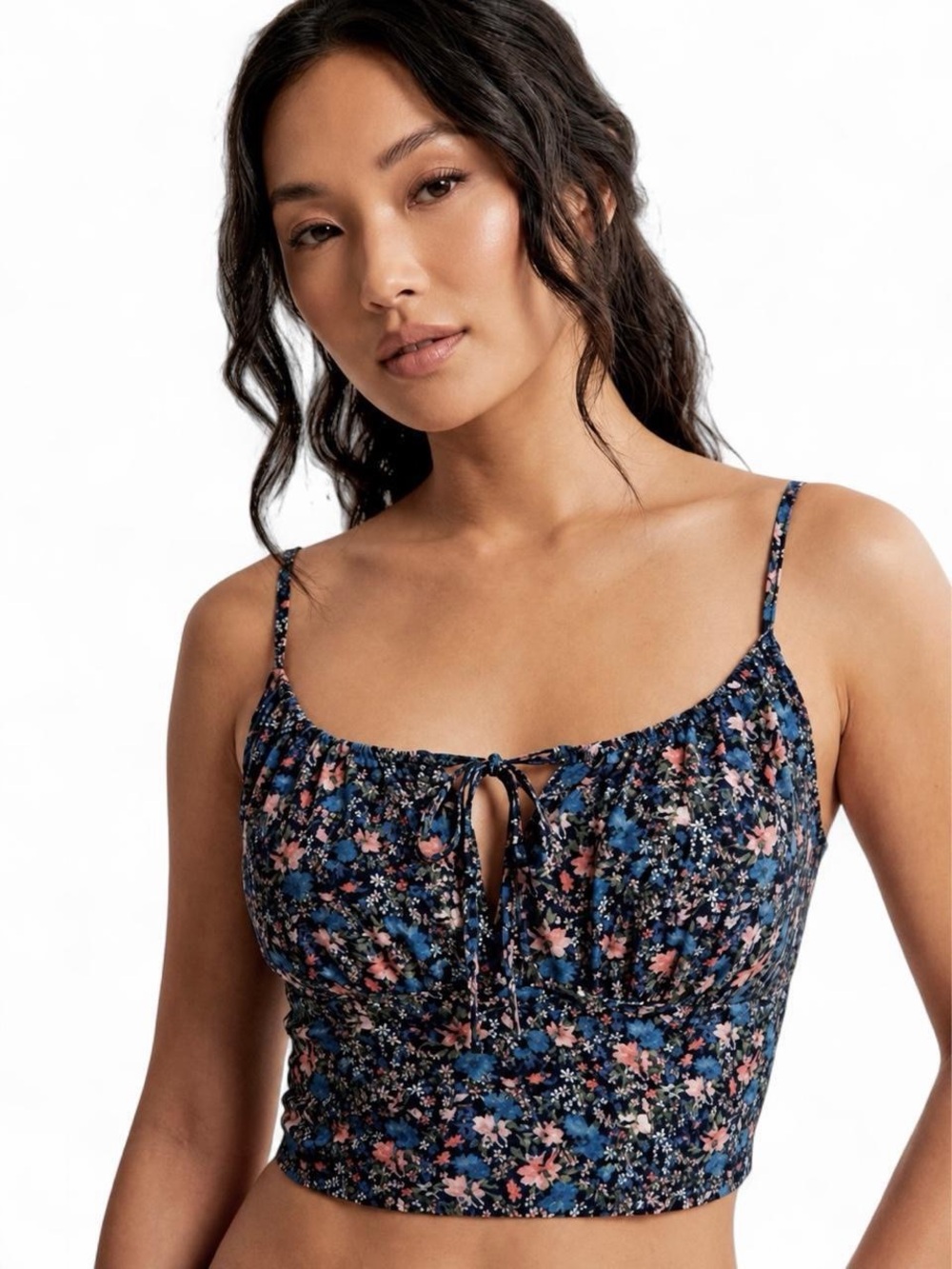 Hollister Blue Floral Tie Front Cami Crop Top XS Y2K
